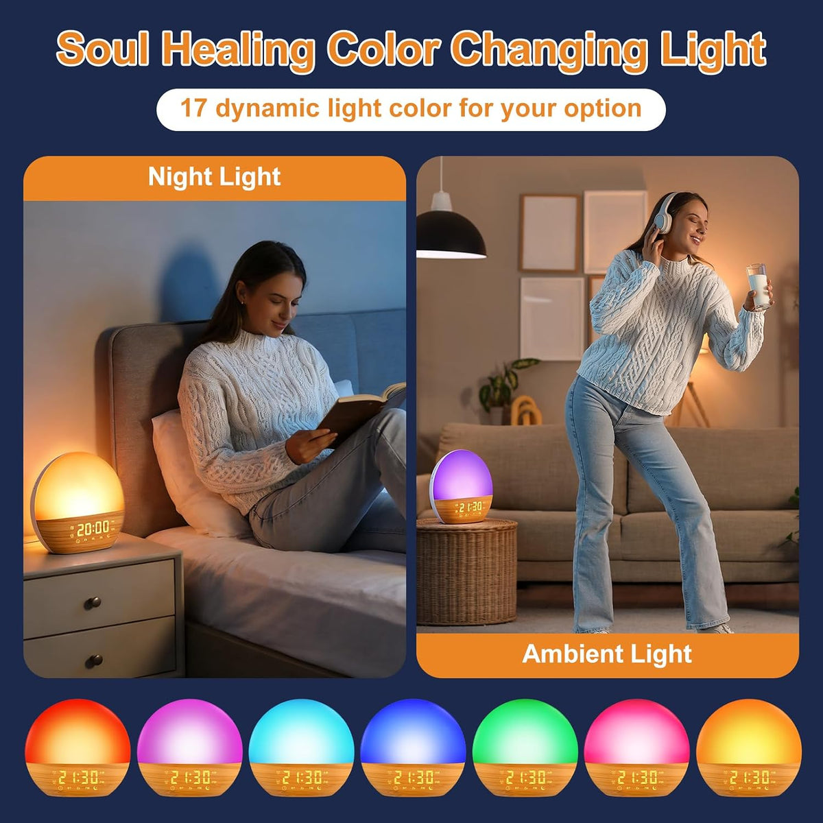 Sunrise Alarm Clock with White Noise Wake-Up, Wood Grain