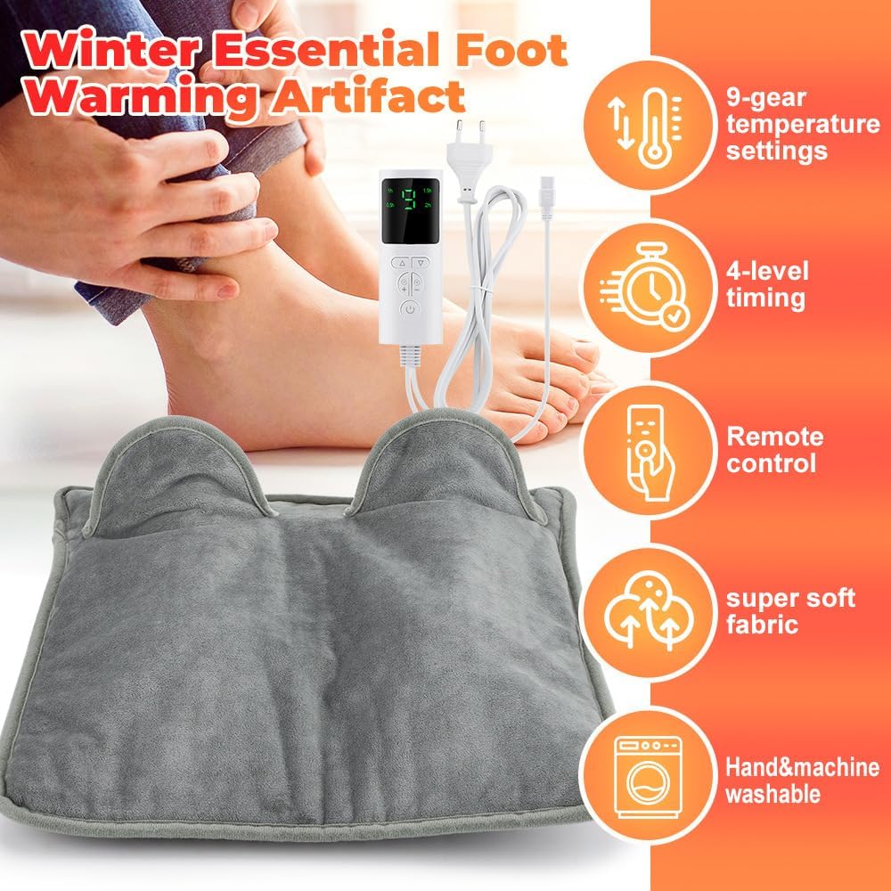 Electric Foot Warmer Heating Pad with 9 Temperature Levels & 4 Timers, Ultra-Soft Washable Heated Foot Mat with LCD Remote Control, Portable Heated Pad for Full Body Back Shoulder Pain Relief