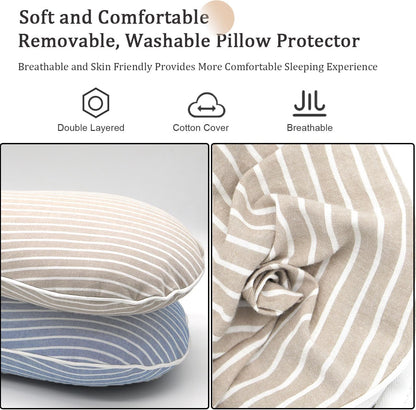 Buckwheat Pillow Cervical Neck Pillow, Buckwheat Hulls Filling Cooling Lumbar Support Pillow, Adjustable Firmness Ergonomic Design with Washable Cover, Blue 19"X7"