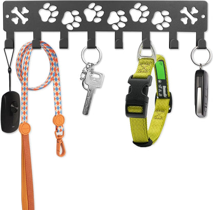 Key Holder Wall Mount & Dog Leash Holder for Wall, Metal Key Rack with 8 Hooks for Entryway/Hallway/Kitchen Decor, Dog Paws Design Wall Organizer 11.8×2.6 Inch with Screw Anchors (Black-Paws)