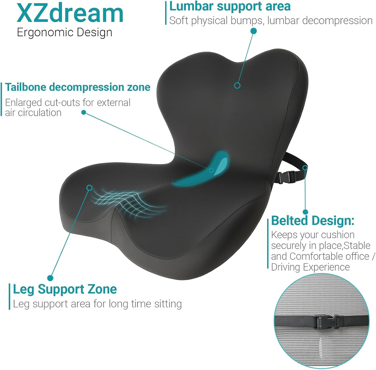 Memory Foam Seat Cushion,Office Chair Cushion with Lumbar Support for Back Pressure Relief, Car Seat Cushion with Adjustable Strap,Sciatica Pad Cushions for Car,Truck, Desk,Gaming Chair