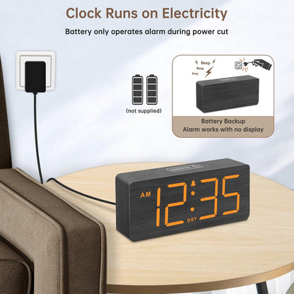 DreamSky Wooden Digital Alarm Clock for Bedroom with Large Numbers | Desk Clock for Living Room Office, Loud Alarm for Heavy Sleepers Adults, Volume Control, Dimmer, DST, Wood Decor (Plug-in)