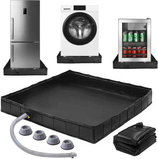 Foldable Washing Machine Drain Pan with Drain Pipe & 4 Anti-Vibration Pads, 31.5x31.5x4.7 Inch Portable Leak Proof Tray for Washer/Dryer, Non-Slip Waterproof Drip Pan with Raised Edge