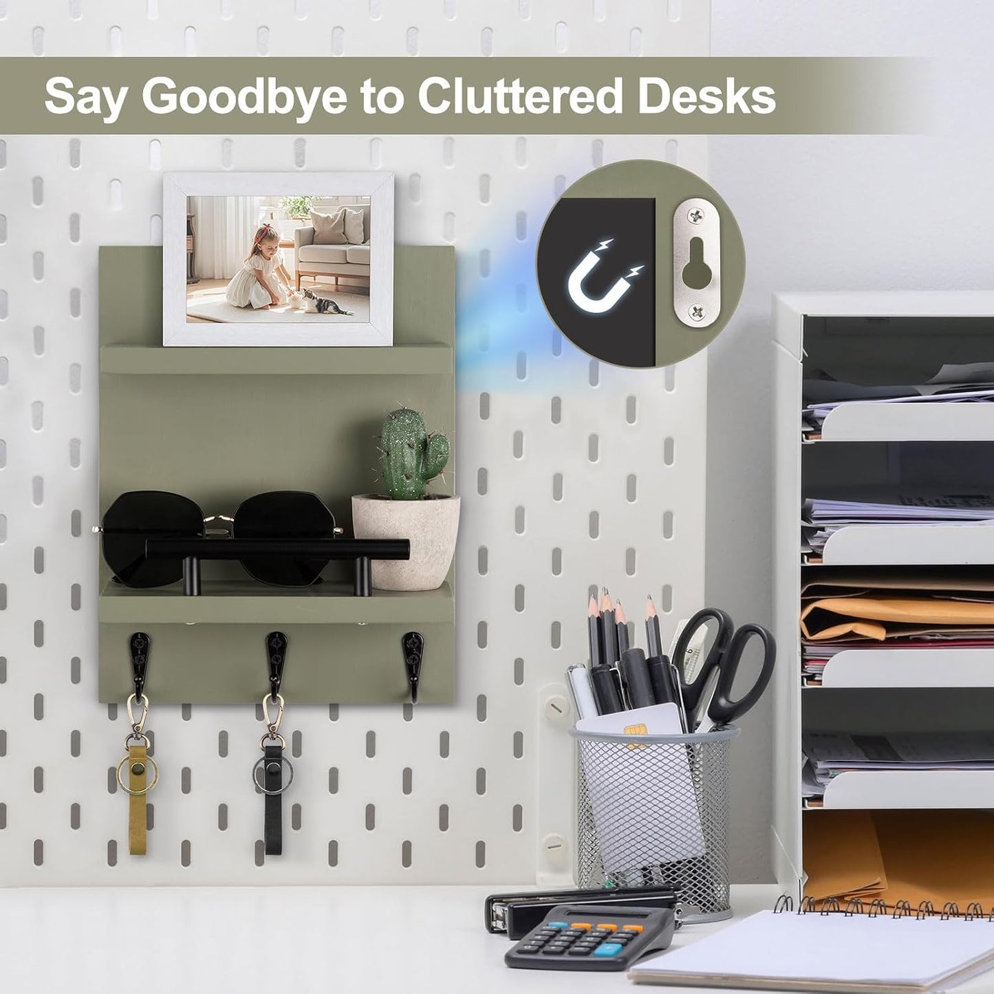 Key Holder Wall Mount, Mail Shelf Decor with 3 Key Hooks, Versatile Wood Wall Organizer for Entryway Hallway (8.2” x 10.6”x 3.6”) (White) | Farmhouse Key Hanger Holds Dog Leash, Sunglasses – Decorative Mail Organizer Home Decor