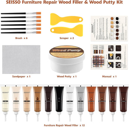 SEISSO Furniture Repair Kit - Set of 42 - Wood Repair Kit Wood Fillers, Furniture Scratch Repair Markers and Wax Sticks with Scraper, Brushes, for Scratches, Stains, Wood Floor, Laminate, Cabinet