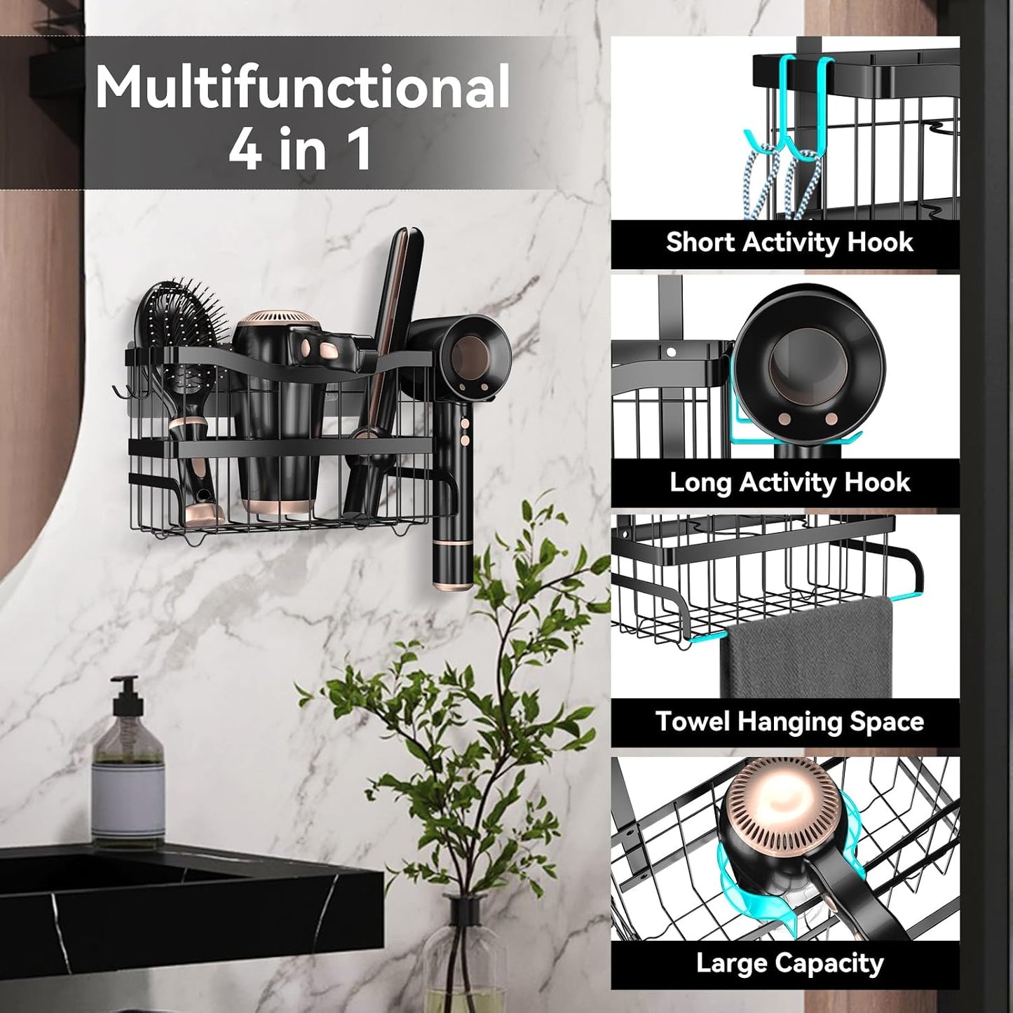 Dailyart Hair Dryer Holder, 3-in-1 Metal Hair Tool Organizer, Black | Hot Tools Organizer, Cabinet Door Blow Dryer Holder, for Hair Dryer, Flat Irons, Curling Wands, Straightener