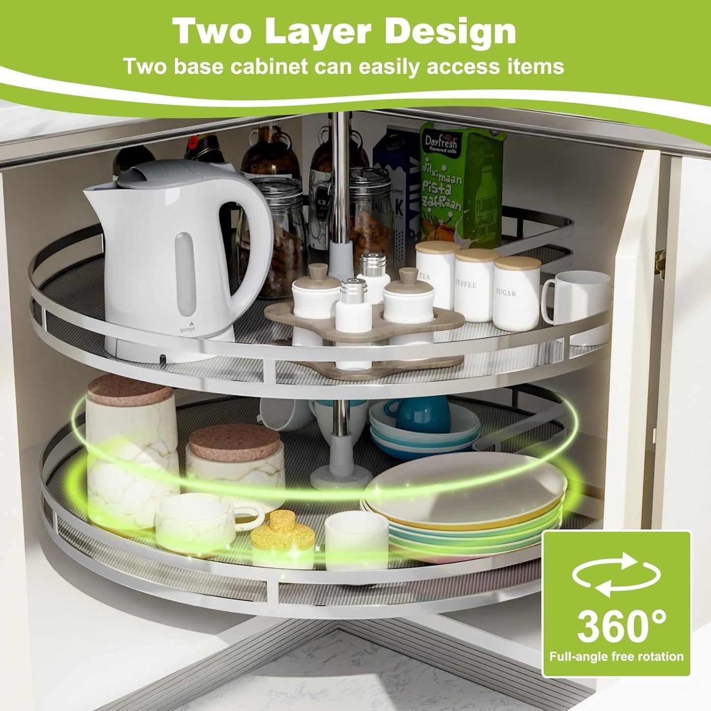 Blind Corner Cabinet Pull Out Organizer, Soft Close Swing Right Pull Out Cabinet Organizer 36inch, Corner Cabinet Lazy Susan for Corner Cabinet Blind Shelf, 2 Tiers Tray, Adjustable Height