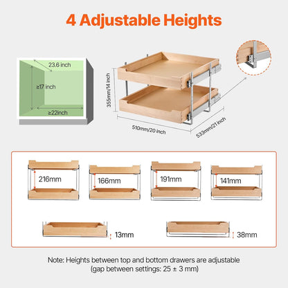VEVOR Pull Out Cabinet Organizer, 14"W x 21"D Cabinet Drawer, Soft Close Slide out Shelf, Heavy-Duty Sliding Wood Drawer, Bottom Mount Size（14.5"W x 23"D）and Side Mount Size（15"W x 23"D） | Heavy-Duty Sliding Shelf with Bottom or Side Mounting for