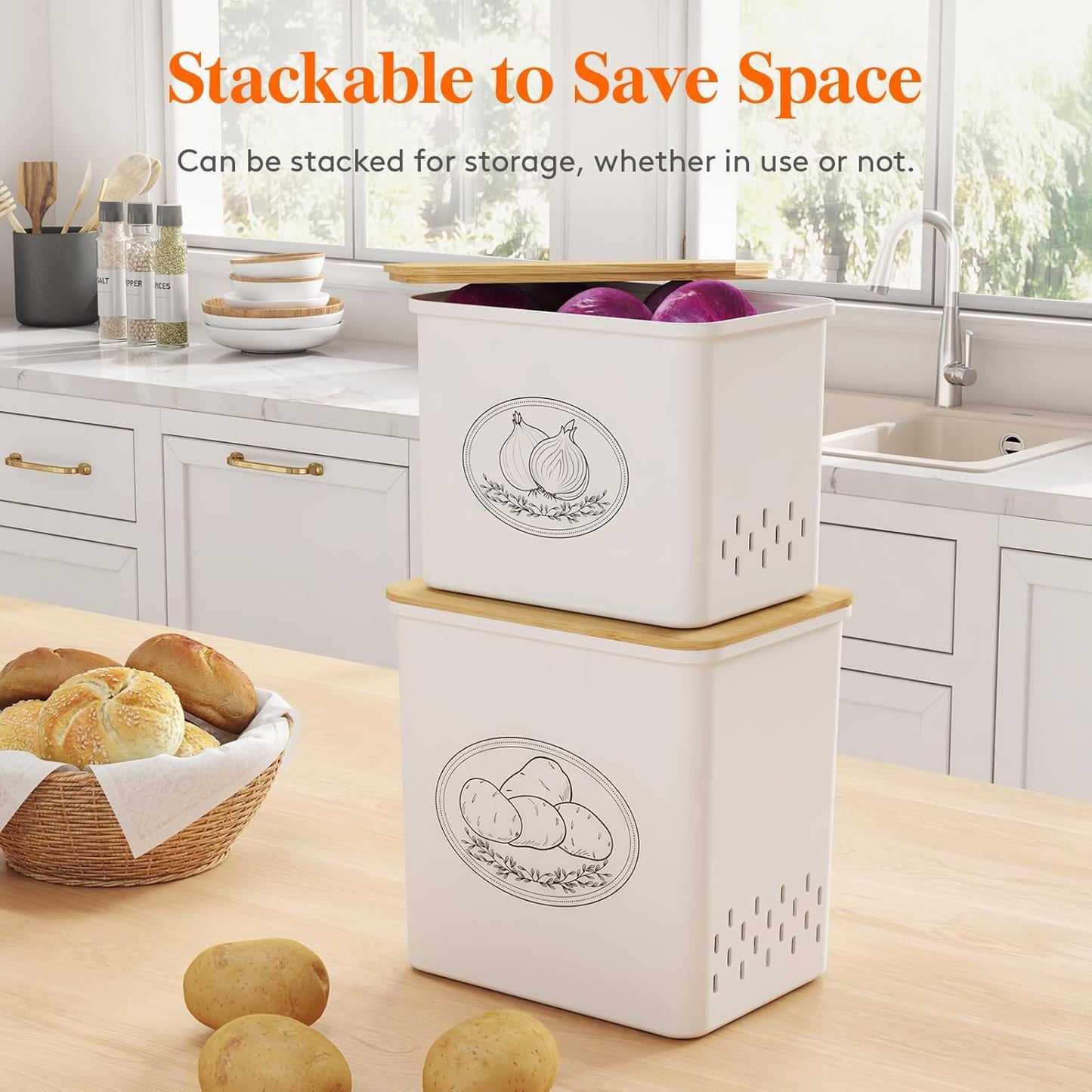 Lifewit Plastic Potato and Onion Storage Bin Box, Set of 3, White | Stackable Garlic Keeper, Vegetable Container Box, Aerating Holes & Lid for Pantry Countertop