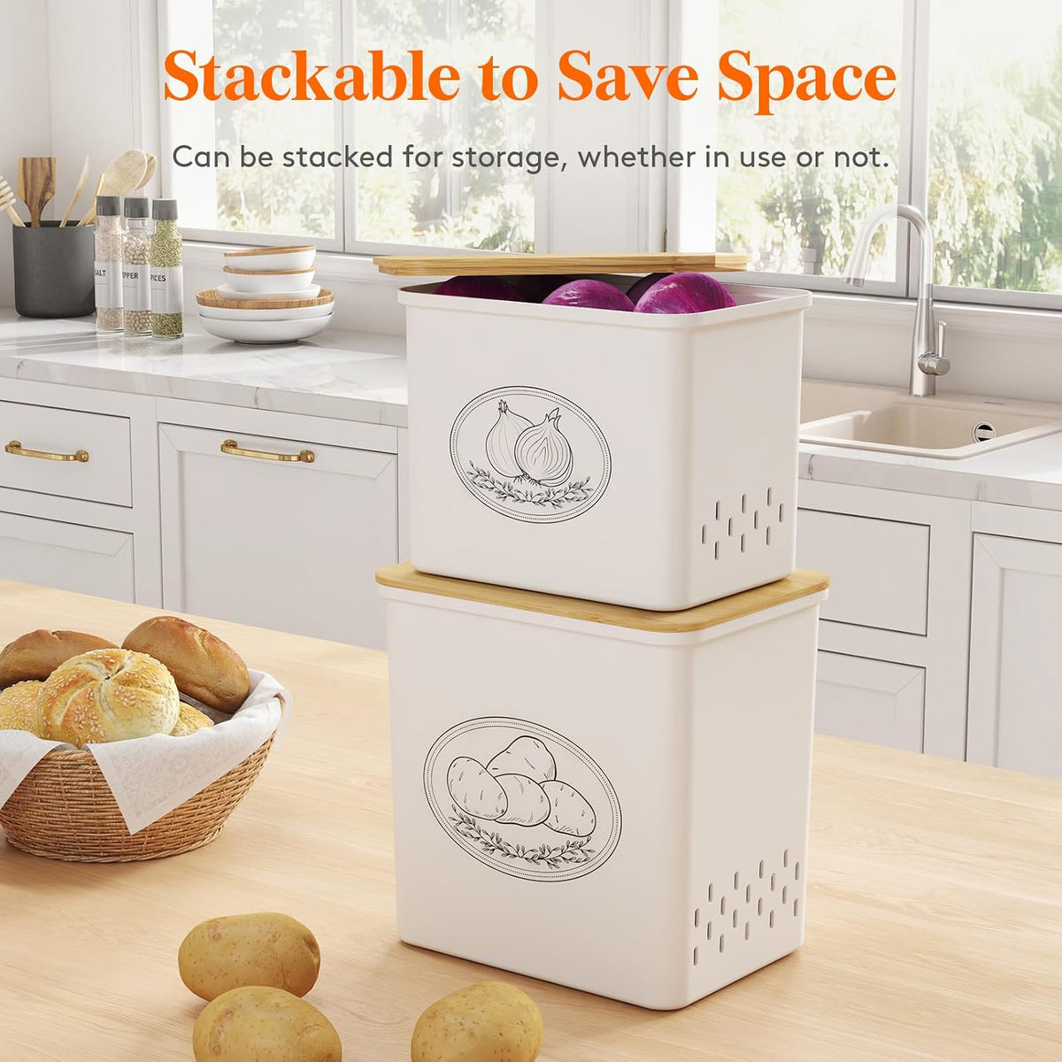 Lifewit Plastic Potato and Onion Storage Bin Box, Set of 3, White