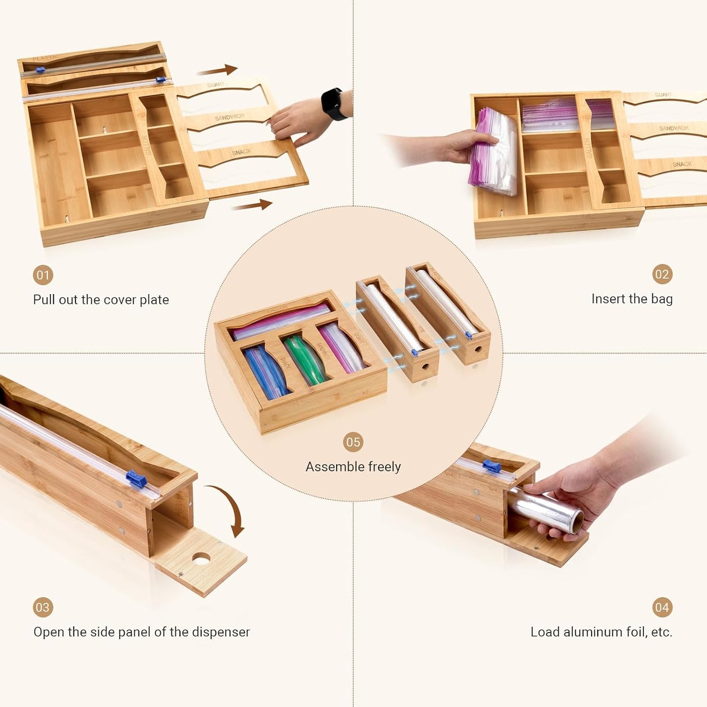 6-in-1 Bamboo Kitchen Drawer Organizer for Storage Bag, Foil & Plastic Wrap | Saran Wrap Dispenser with Cutter, Plastic & Grocery Bag Holder, Bamboo Drawer Organizer, Gallon/Quart Storage Bags