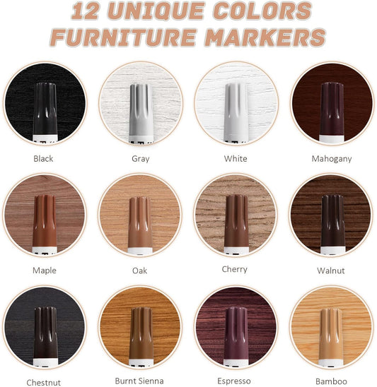 SEISSO Wood Furniture Repair Kit, 12 Colors Wood Fillers, Wood Putty with Beeswax, Furniture Touch Up Markers with Wood Crayons, Hardwood Floor Repair Kit for Stains, Scratch, Cracks, Hole