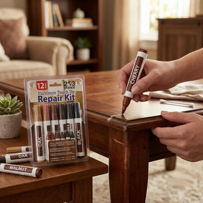 Furniture Touch-Up Markers Set | Wood Repair Kit for Fixing Stains and Scratches on Floors, Tables, Bedposts, Desks | Markers and Wax Sticks to Cover Up Oak Maple Cherry Walnut Mahogany