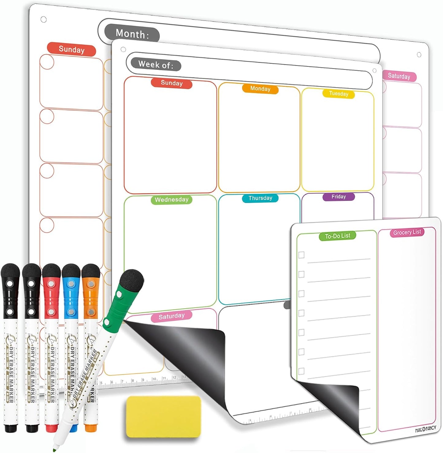 Magnetic Calendar for Fridge, Dry Erase Weekly Planner, 13" x 16.9" | Strong Magnetic Hold, Vertical Weekly Layout, Large Daily Spaces, Easy to Clean, Color-Coded, Dual-Magnet Markers & Eraser