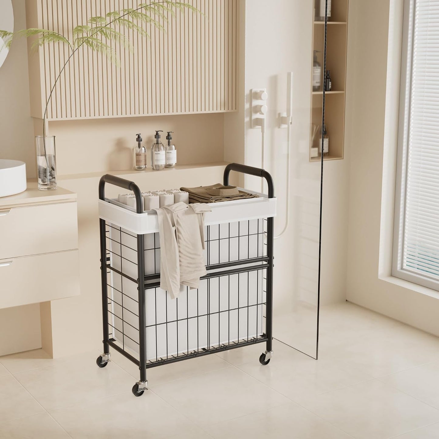 110L Rolling laundry Sorter Hamper Basket 2 Section with Wheels | Laundry Cart with Removable Bag, Clothes Organizer, Bedroom, Bathroom, Laundry Room, Dorm Use