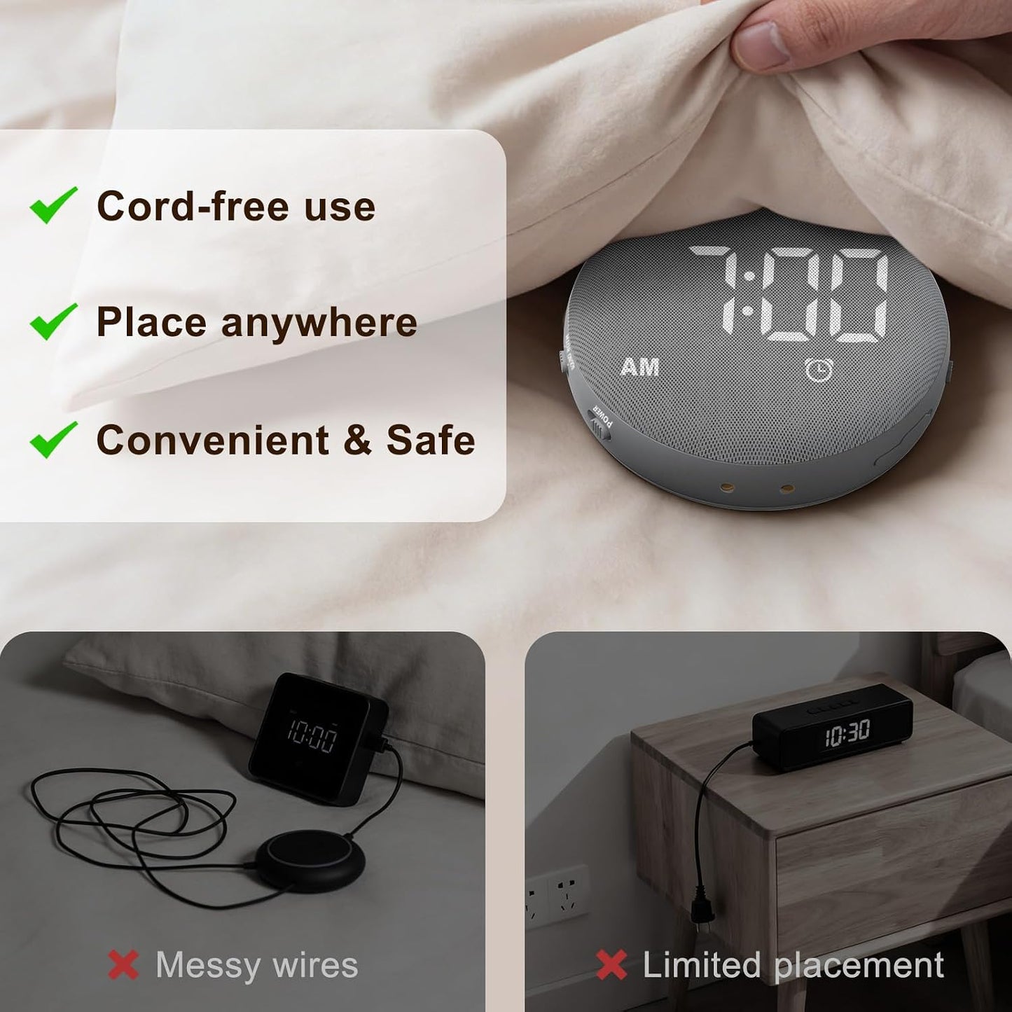 SolaceRise Extra Loud Alarm Clock Vibrating Bed Shaker for Heavy Sleepers | Auto-Dim Digital Clock for Hearing Impaired Deaf - Portable Rechargeable Battery for Bedroom Travel Dorm - Putty
