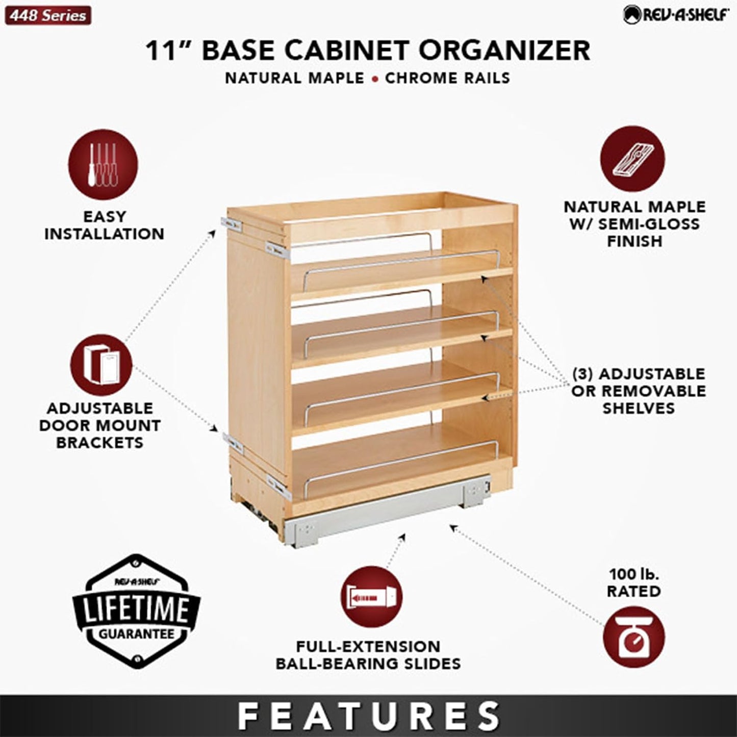Rev-A-Shelf Pullout Kitchen Cabinet Organizer, Min Cabinet Opening 5.5" W | 5" W Slide Out Pantry Spice or Utensil Storage Rack with Adjustable Shelves for Base Cabinet Organization, 448-BC-5C