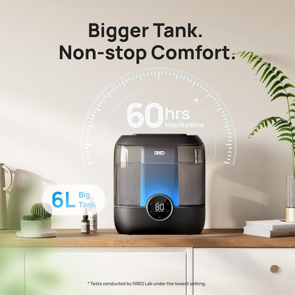 DREO 6L Smart Humidifiers for Bedroom, Large Room, 60H Runtime, Quiet 28dB | Top Fill Supersized Cool Mist Humidifier for Plants, Indoor, Home, Night Light, App/Touch/Voice Control, Black