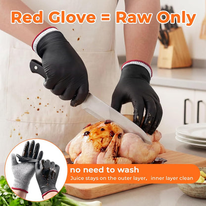 Dowellife A5 Cut Resistant – Rarely Need Wash, with Nitrile Outer Gloves, Red/Black Cuffs, 13-Gauge Flexible Kitchen Gloves for Mandoline & Oyster – 2 Pairs + 50 Outer. (Medium)