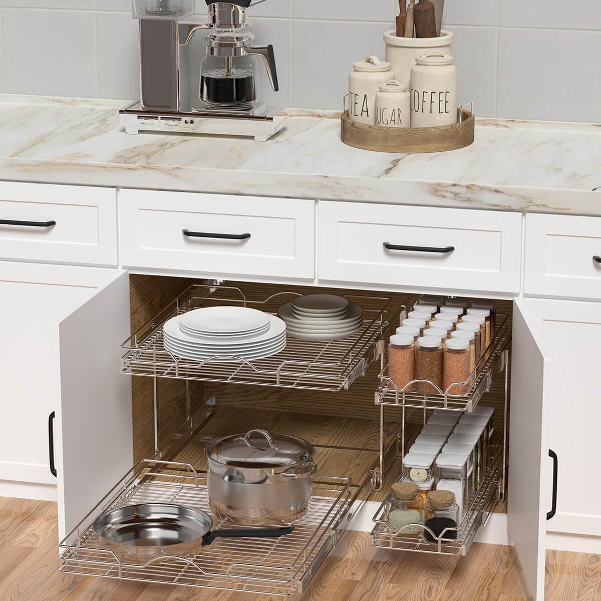 OCG Pull Out Cabinet Organizer (15" W x 21" D), Pull out Drawers, Cabinet Pull Out Shelves for Base Cabinet Organization in Kitchen Bathroom Pantry, Bottom Mount, Chrome Finish