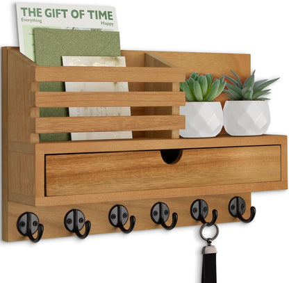 Key Holder Wall Mount, Mail Holder with Storage Drawer | Key and Mail Holder with 5 Key Hooks for Coat, Dog Leash, Home Decor Rack, House Accessories, Entry Way Organizer