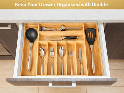Large Expandable Kitchen Silverware Utensils Drawer Organizer, 2.5" Extra High Adjustable Drawer Divider with Curved Grooves, Bamboo Wood Cutlery Tray Flatware Holder