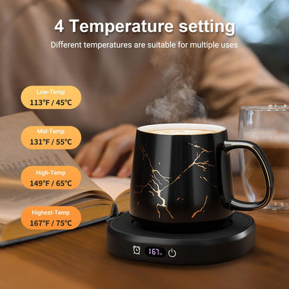 Coffee Mug Warmer & Pure Black Mug Set, Electric Cup Warmer for Desk | Beverage Warmer Plate for Coffee,Tea,4 Temperature Setting,8-Hours Auto Shut Off,14oz Mug with Spoon & Bamboo Lid Included