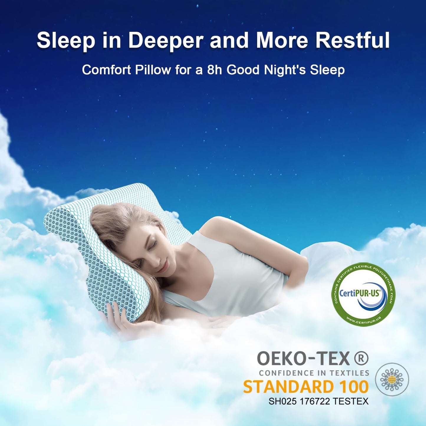 Anvo Memory Foam Pillow, Neck Contour Cervical Orthopedic Bed Pillow for Sleeping Side Back Stomach Sleeper, Ergonomic Design for Neck and Shoulder Pain Relief, Blue White, Firm
