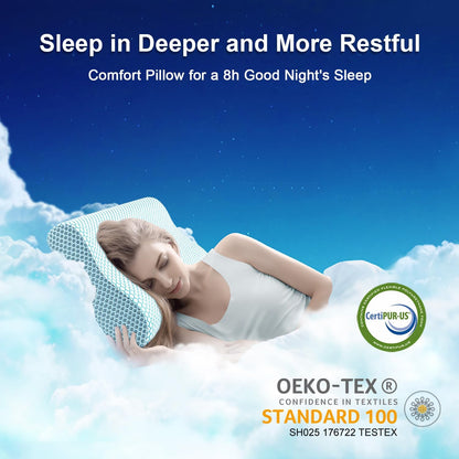 Anvo Memory Foam Pillow, Neck Contour Cervical Orthopedic Bed Pillow for Sleeping Side Back Stomach Sleeper, Ergonomic Design for Neck and Shoulder Pain Relief, Blue White, Firm
