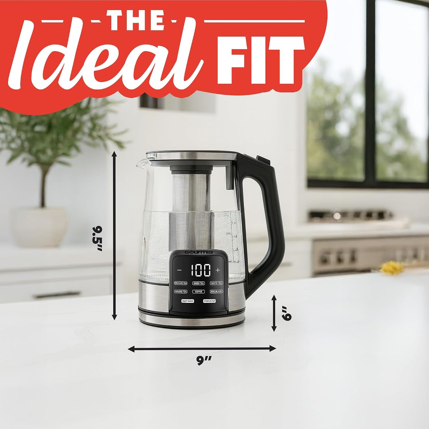 Gourmia Electric Glass Kettle – 1.7L Programmable Tea & Coffee Brewer with Digital Touch Display, 6 Presets, Removable Stainless Steel Infuser, Cordless with 360° Swivel Base, Black