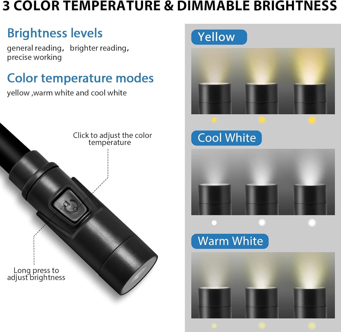 Rechargeable Hands-Free Neck Light with 3 Adjustable Color Modes, Black | Stepless Dimming, Flicker-Free Eye Protection, Flexible & Bendable, Long Battery Runtime, Protable Lightweight