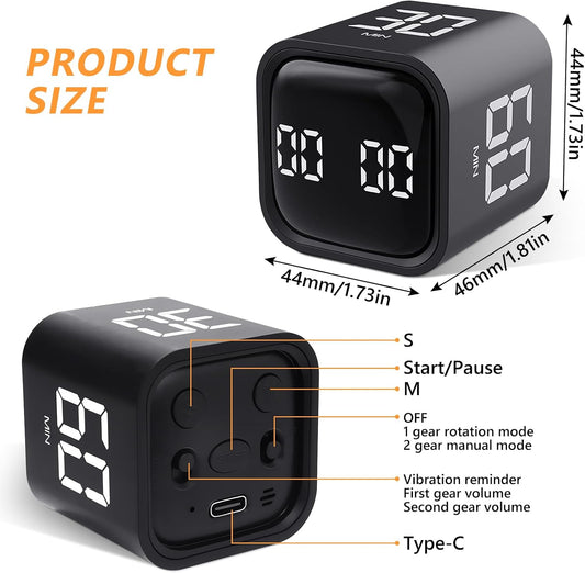 GuDoQi Multi-Function Cube Timer, 5/10/30/60 Min & Custom Count Down, Included Pause & Resume Feature, Silent, Vibrate & Adjustable Sound Alarm for Productivity in Tasks, Study & Kitchen, Purple