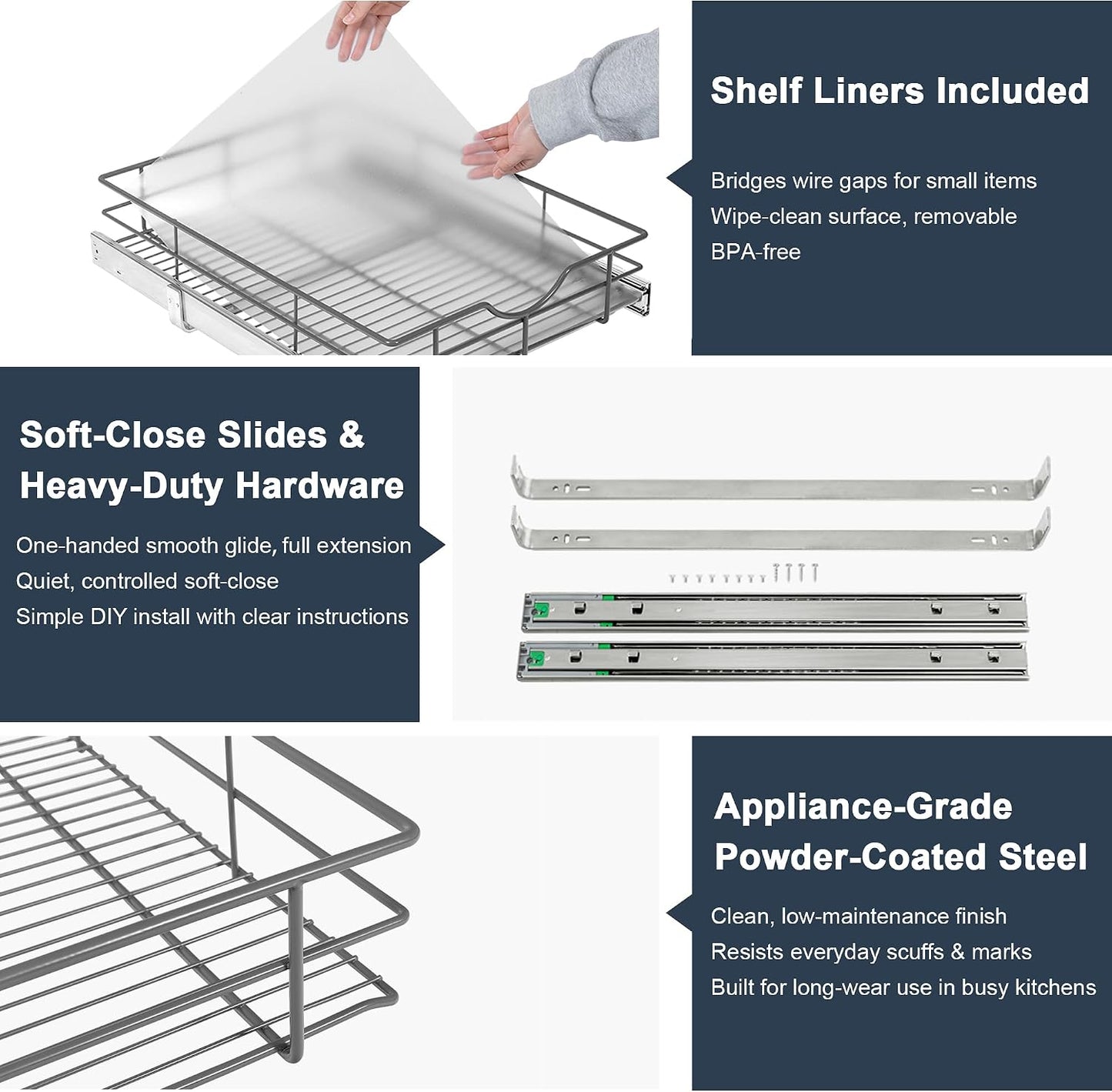 2 Tier Pull Out Cabinet Organizer - 20" W x 22" D Soft Close Slide Out Shelves with Shelf Liners - Pullout Drawers for Kitchen Cabinets, Pantry, Bathroom, Heavy Duty Steel Wire Baskets