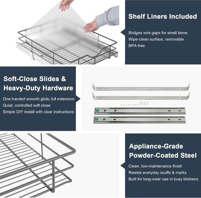 2 Tier Pull Out Cabinet Organizer - 20" W x 22" D Soft Close Slide Out Shelves with Shelf Liners - Pullout Drawers for Kitchen Cabinets, Pantry, Bathroom, Heavy Duty Steel Wire Baskets