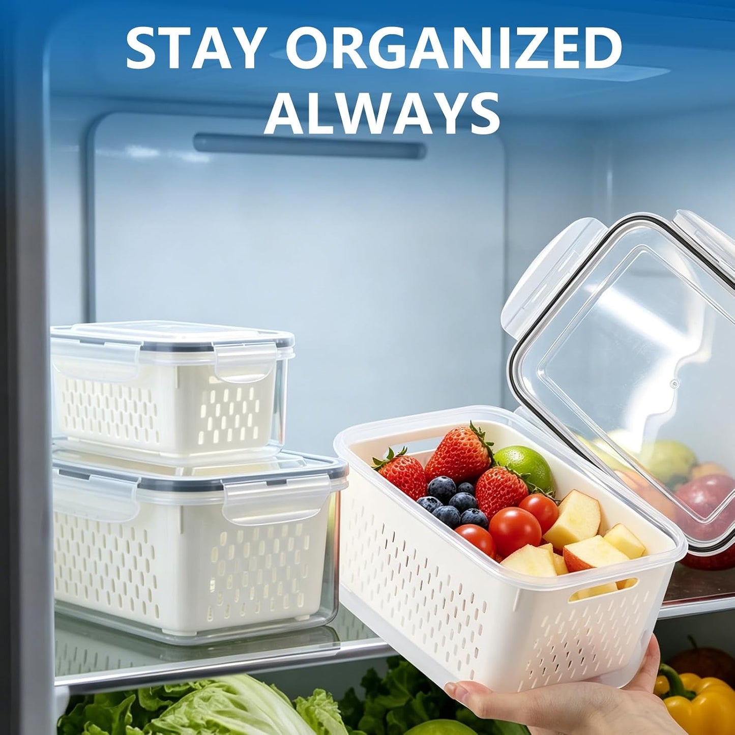 LoveBB 8 Pack Fruit Containers for Fridge, Plastic Food Storage Containers with Removable Colander Produce Saver Containers for Fruits, Vegetables, Berry, Meat Keeper Fresh