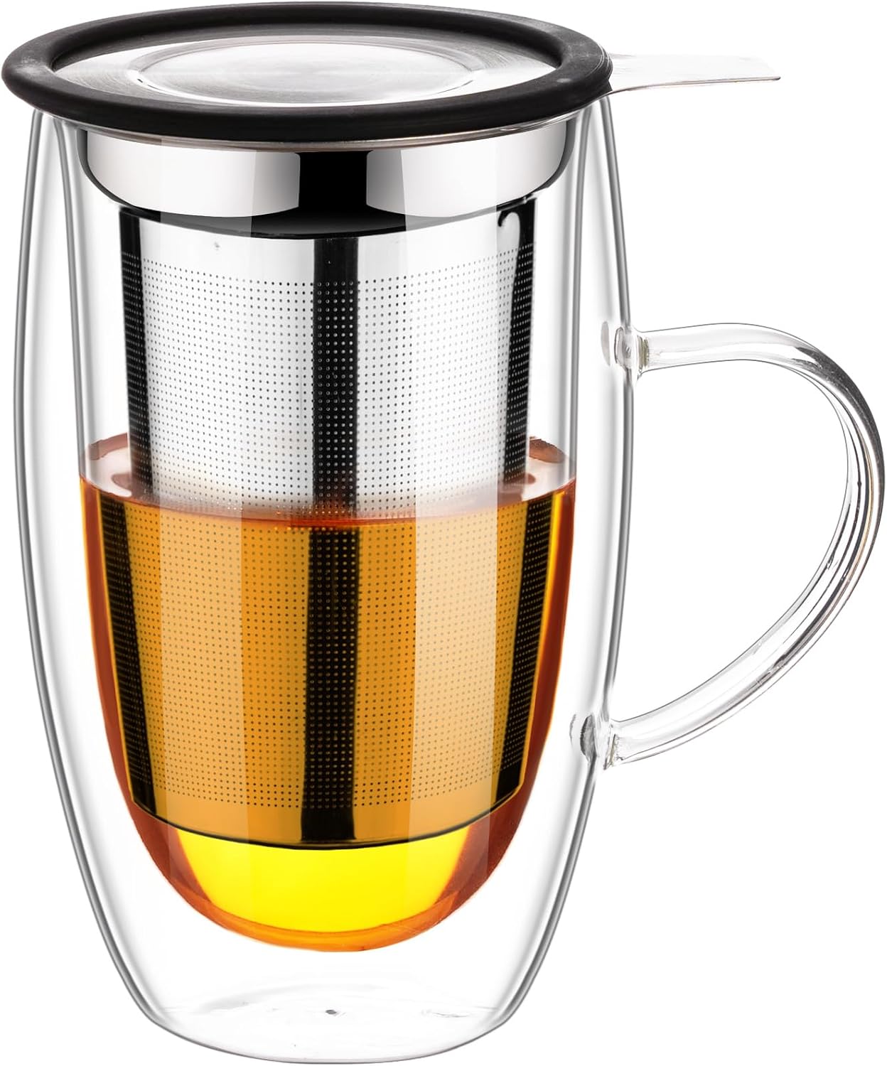 Baalaka Tea Infuser Mug, 16 fl oz Double-Wall Glass for Loose Leaf Tea | Fine 18/8 stainless steel filter and lid brew loose leaf, herbal or blooming teas; double-wall glass reduces heat transfer