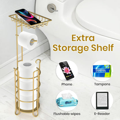 Toilet Paper Holder Stand Tissue Paper Roll Dispenser with Shelf for Bathroom Storage Holds Reserve Mega Rolls-Bronze