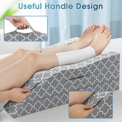 CloudBliss Leg Elevation Pillow for After Surgery, Adjustable Height Memory Foam Wedge Pillow with Cooling Ice Silk Cover, Ergonomic Leg Support for Knee, Comfort Care for Blood Circulation, Grey