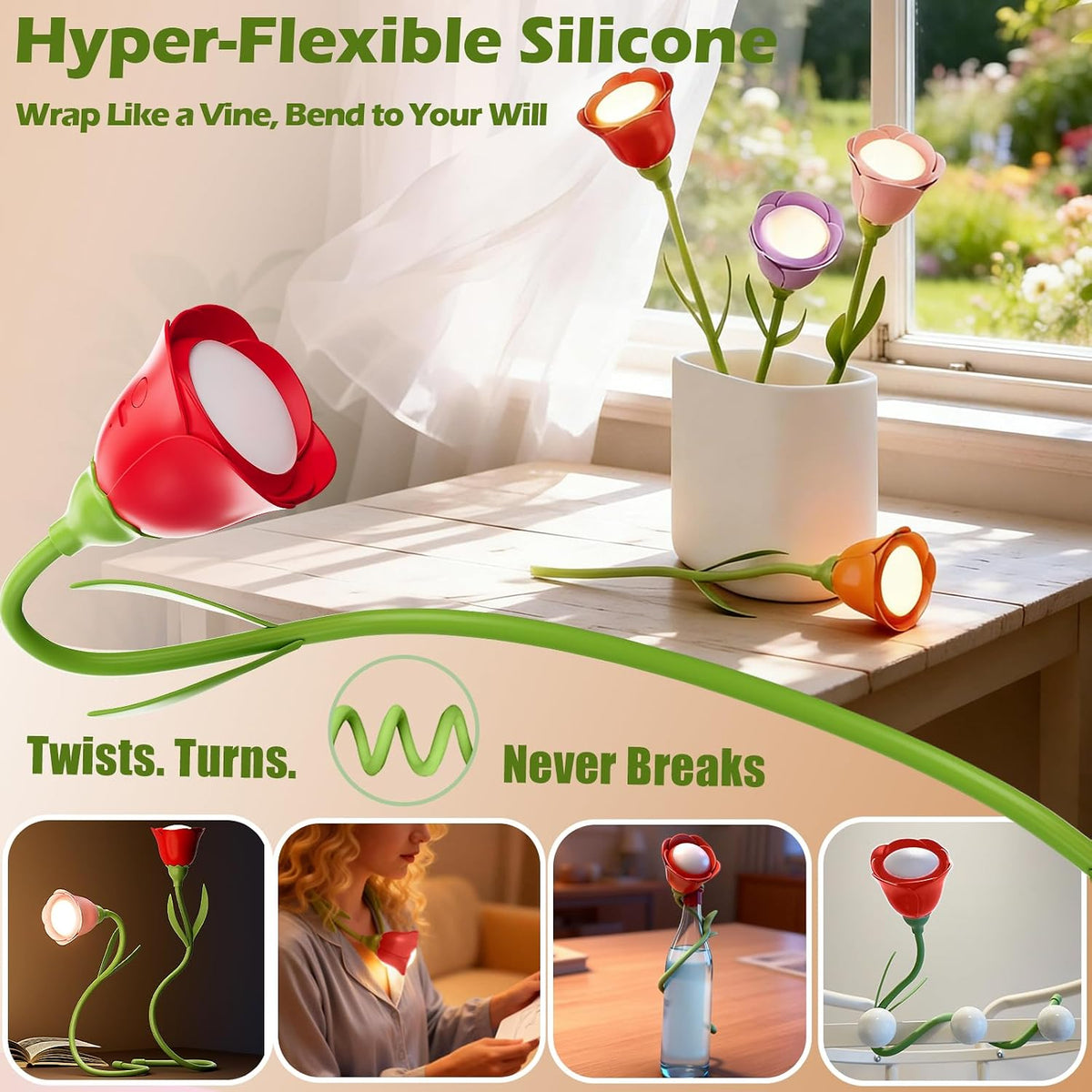 Rose Flower Lamp Rechargeable Reading Light for Bed,3-Color Modes Adjustable Brightness Small Night Light Neck Reading Light,Festival Gifts for Kids Mom Girlfriend Grandma(Orange-red)