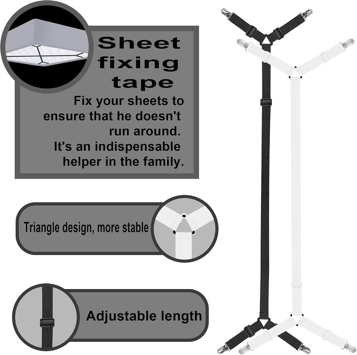 Bed Sheet Holder Straps,Sheet Straps Adjustable Bed Sheet Clips Fasteners Keep Sheets Stays in Place,White 2Pcs/Set