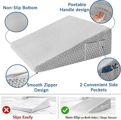8" Leg Elevation Pillow, Memory Foam Wedge Pillow for Leg & Knee Support | Knee, Hip & Ankle Support. Elevates Legs For Comfortable Sleeping, Resting, And Recovery With A Supportive Wedge Shape.