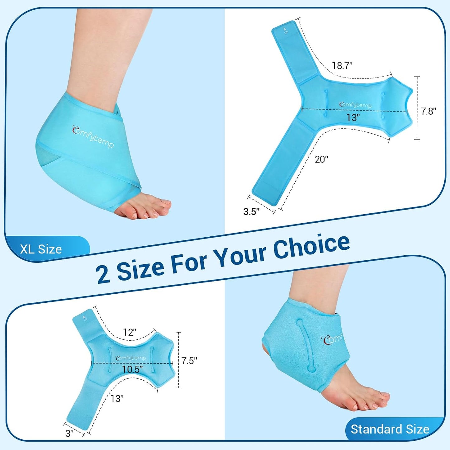 Comfytemp Ankle Ice Pack Wrap for Plantar Fasciitis, Swelling, Foot Pain Relief, FSA Eligible HSA, Gel Packs for Injuries Reusable, Hot Cold Compress for Achilles Tendonitis, Sprained Ankles, 2 Packs