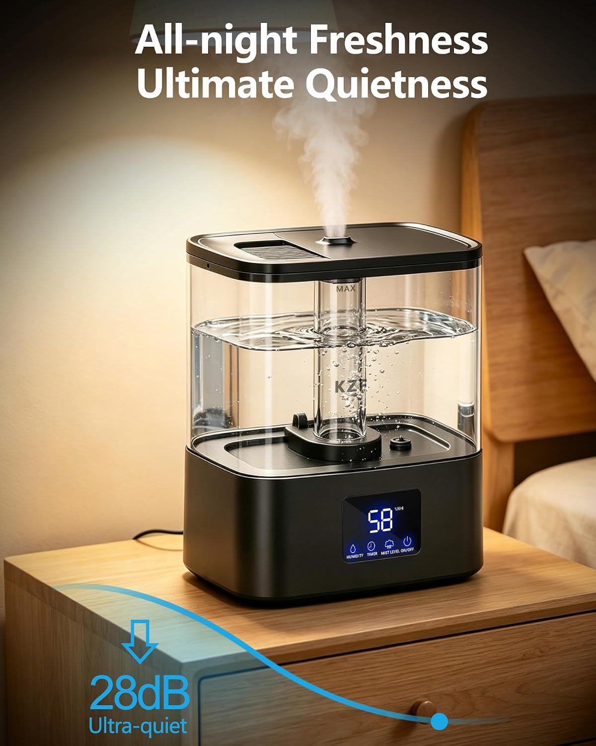 KZF Humidifiers for Bedroom, 4L Cool Mist Humidifier for Large Room, Black