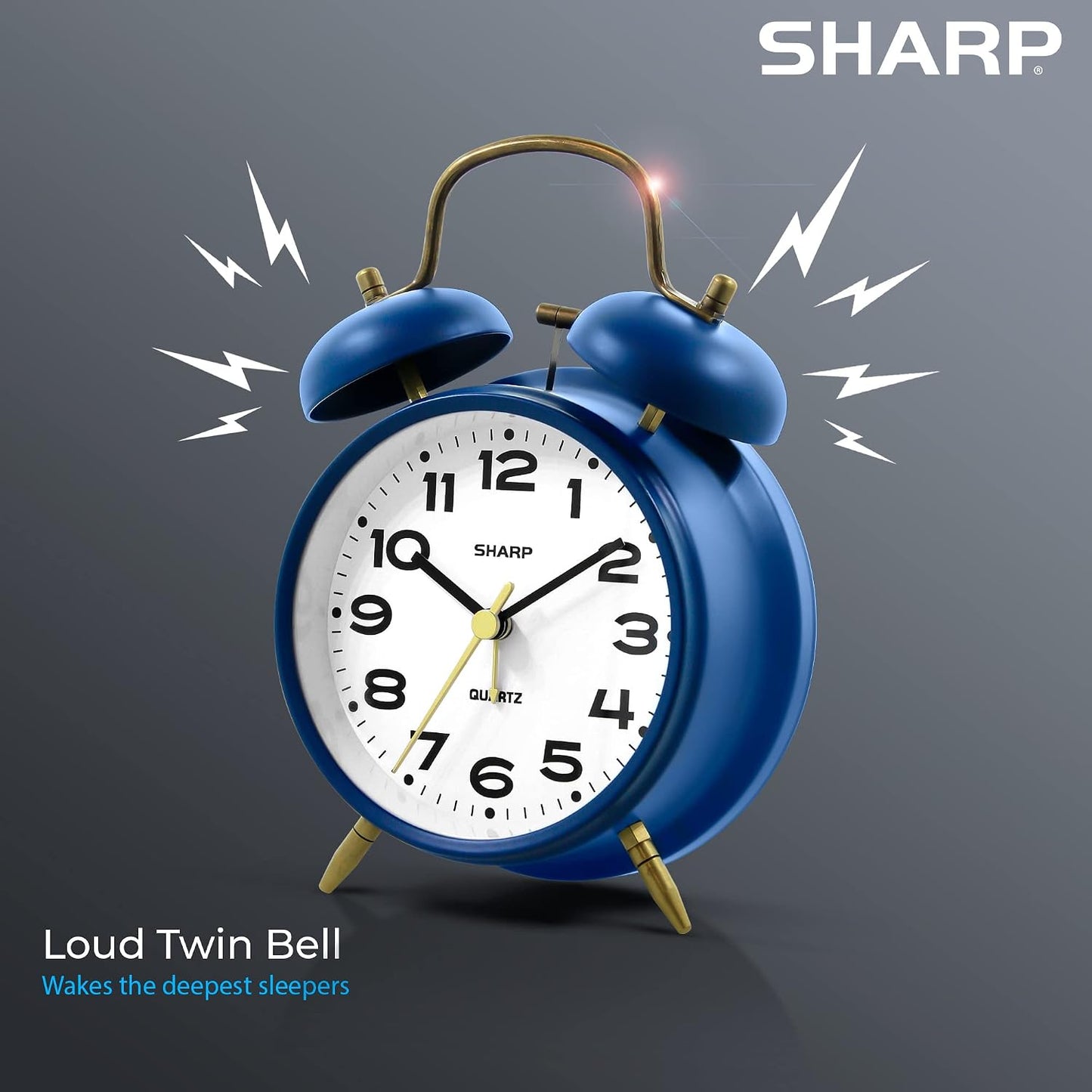 Sharp 4-Inch Twin Bell Alarm Clock for Heavy Sleepers (Matte Navy) | Extra-loud metal bell alarm, quiet quartz movement, press-button backlight, rustic bronze accents, battery operated