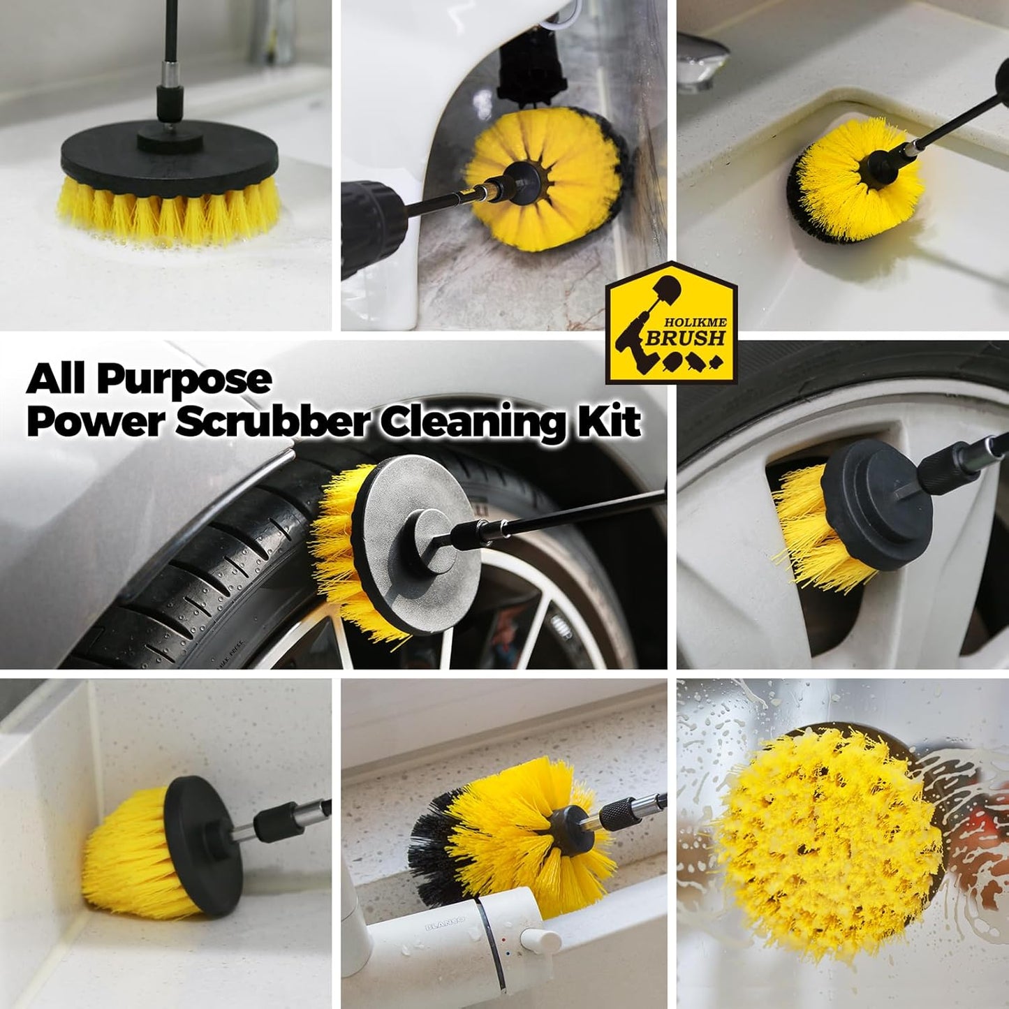 Holikme 4 Pack Drill Brush Attachments Set，Power Scrubber for Car & Home | 3 Brush Sizes,1 Extension Rod, Cleaning Supplies for Bathtub, Shower, Grout, Tile，Nylon Bristles, Yellow
