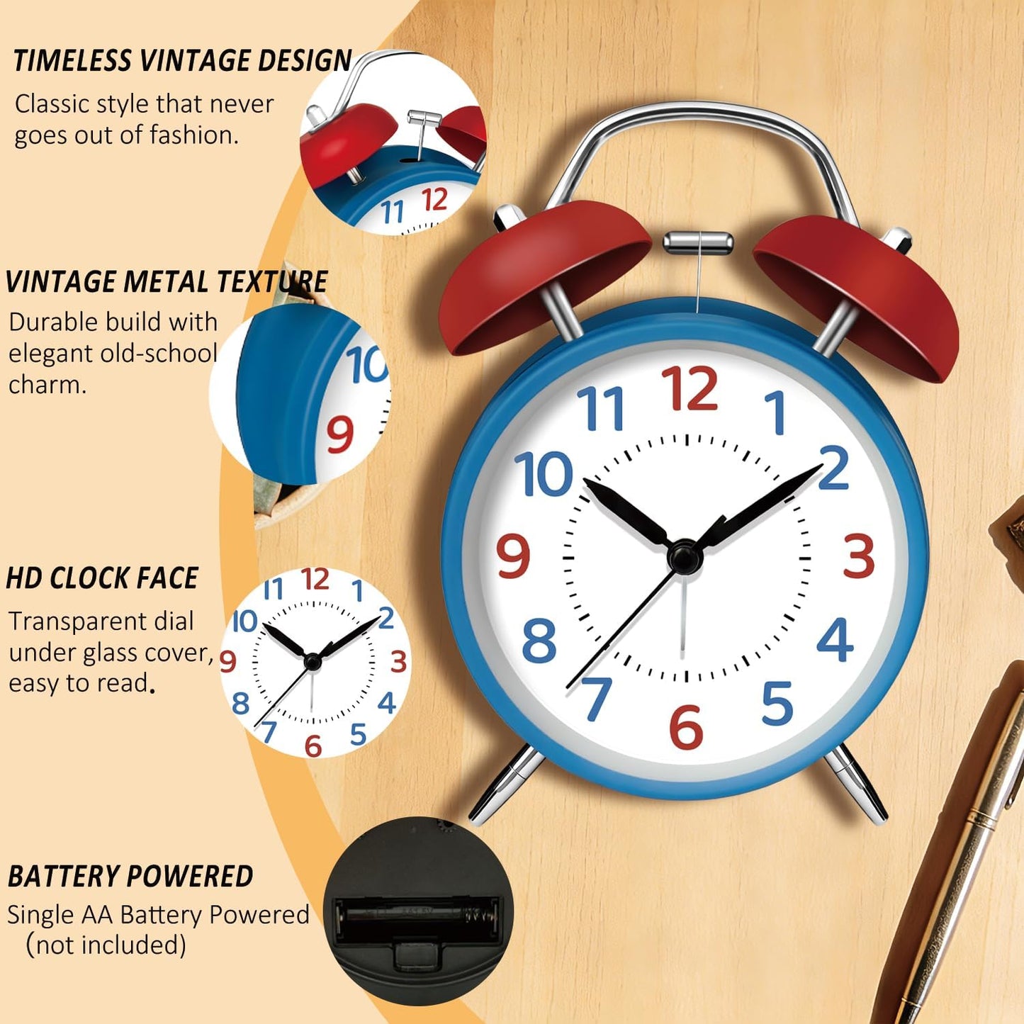 4.5" Analog Alarm Clock for Heavy Sleepers, Loud Battery Operated Alarm Clocks with Light, Metal Silent Desk Clock for Bedrooms, Retro Bedside Clocks for Kids Girls Women Mother Seniors, Pink