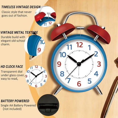 4.5" Analog Alarm Clock for Heavy Sleepers, Loud Battery Operated Alarm Clocks with Light, Metal Silent Desk Clock for Bedrooms, Retro Bedside Clocks for Kids Girls Women Mother Seniors, Pink