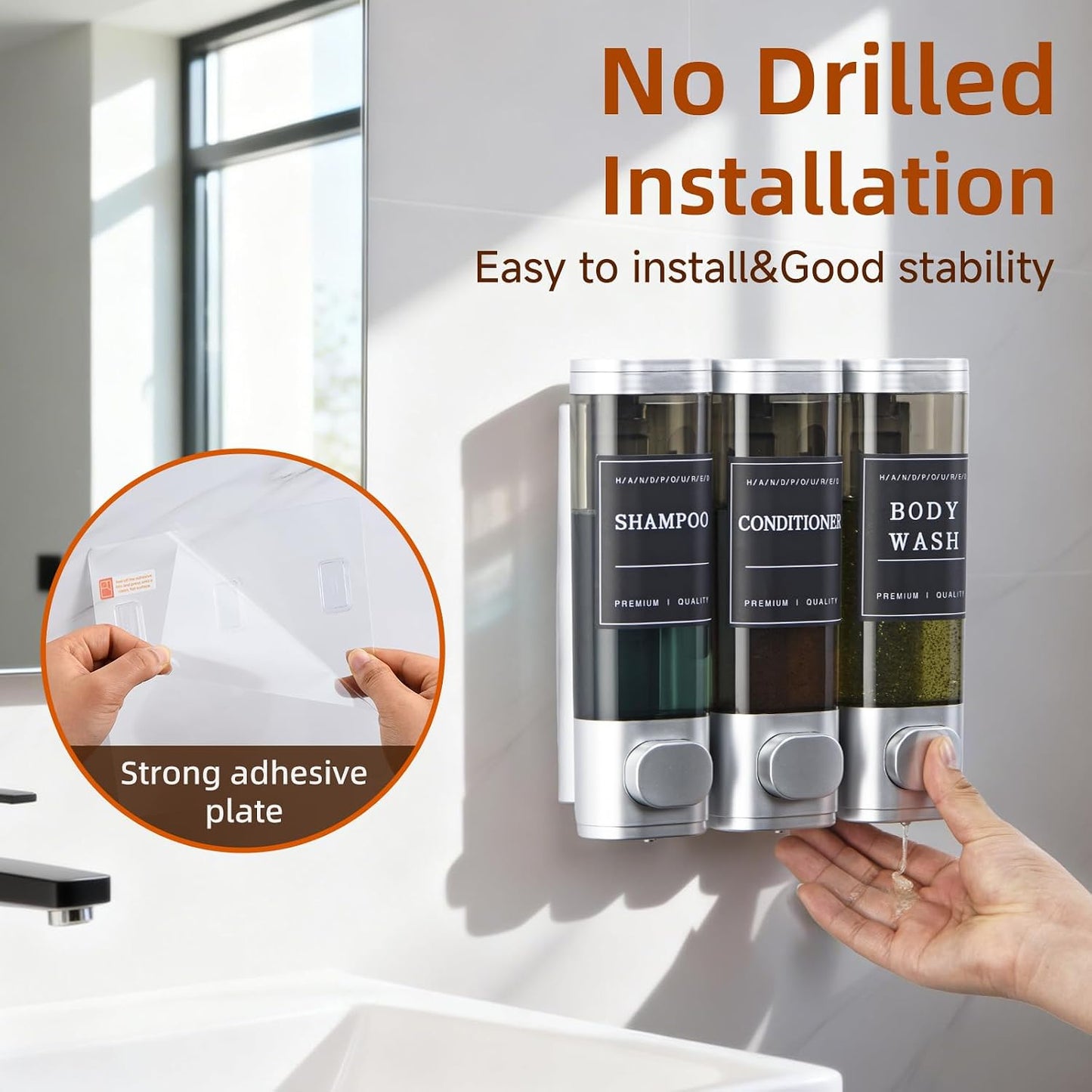 Shampoo and Conditioner Dispenser,Shower Soap Dispenser 3 Chamber No Drill Wall-Mounted Shampoo Dispenser for Shower Wall Mounted Shower Dispenser for Bathroom Hotel Large Capacity, Clear Bright