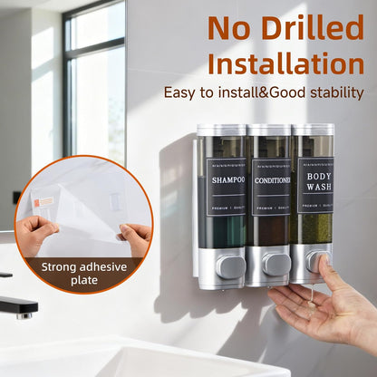 Shampoo and Conditioner Dispenser,Shower Soap Dispenser 3 Chamber No Drill Wall-Mounted Shampoo Dispenser for Shower Wall Mounted Shower Dispenser for Bathroom Hotel Large Capacity, Clear Bright