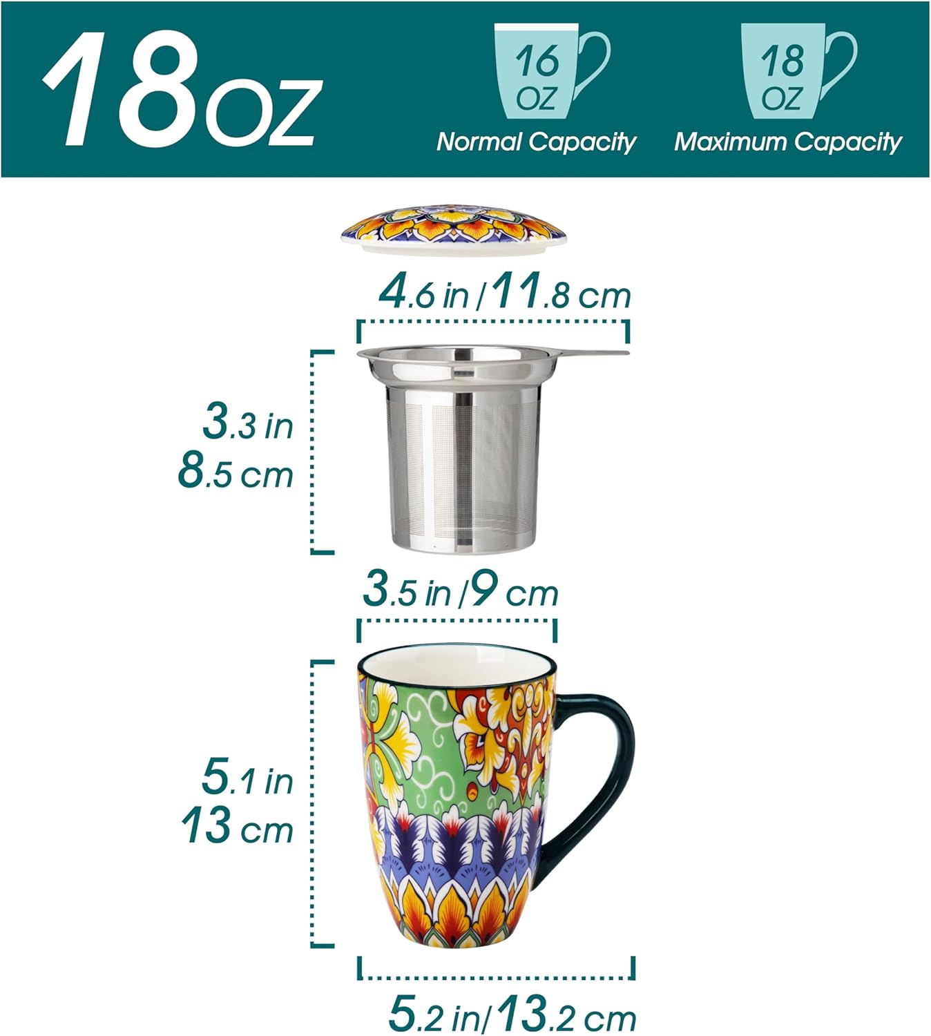 vancasso Ceramic Tea Mug with Infuser and Lid, 18 Ounce Bohemian Loose Leaf Cup, Microwave & Dishwasher Safe, Perfect for Tea, Coffee, Burnt-Cobalt Mandala